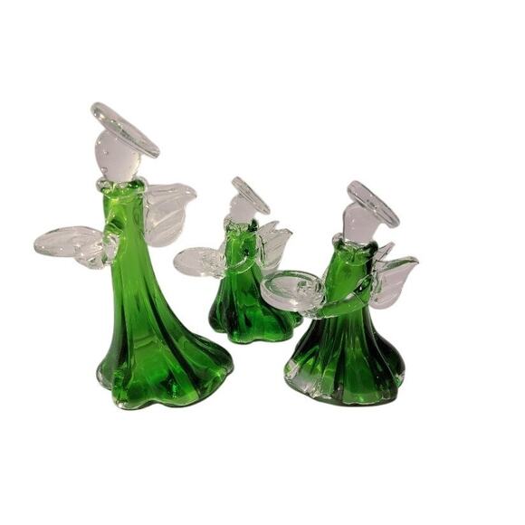 VTG Christmas Angels Art Glass Figurines Set of 3 Votive Candle Holders Green - Picture 4 of 14